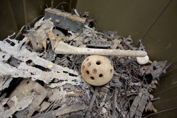 A crematorium tour was part of the festival, too. Metal balls, pins, sockets and screws survive the fire of cremation.